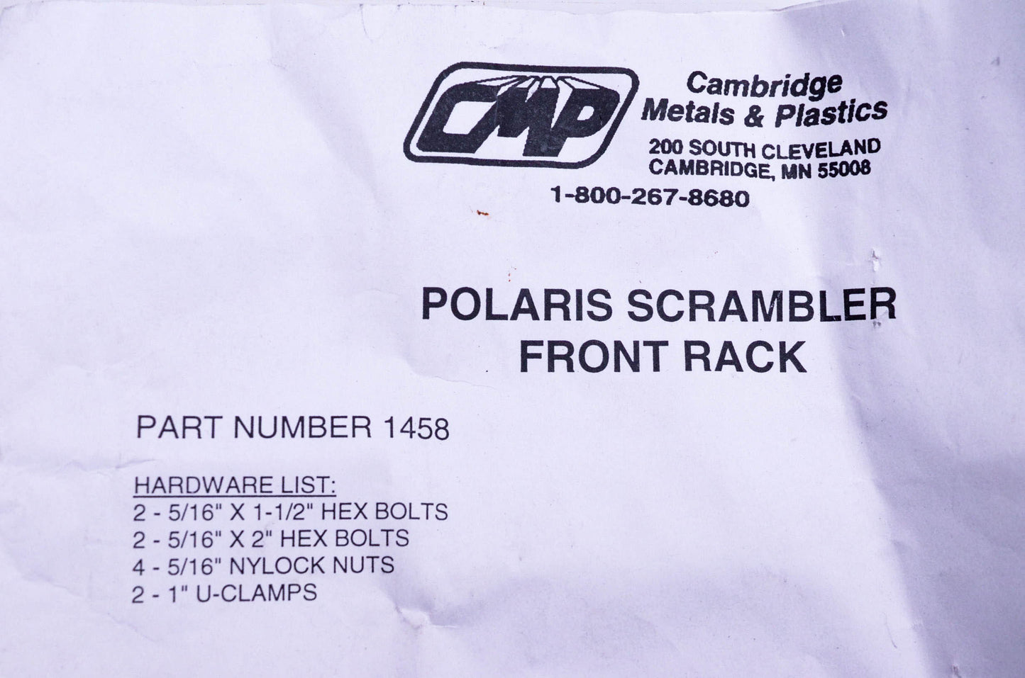 CMP 1458, 8000-1458 Polaris Scrambler Front Rack Kit NOS