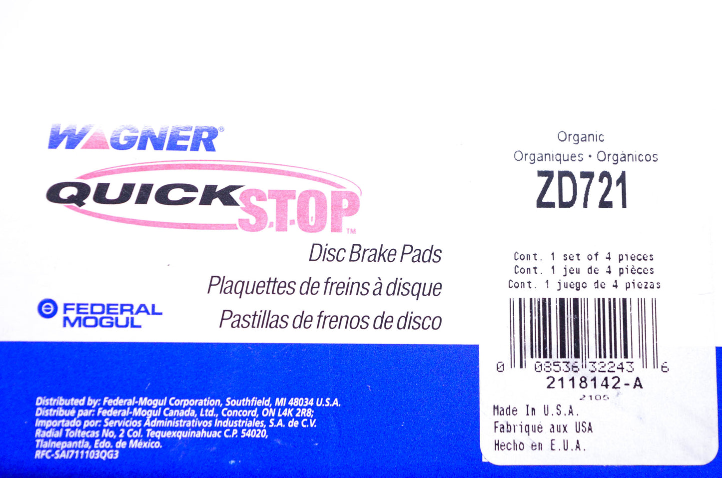 Wagner ZD721 Disc Brake Pad Kit NOS