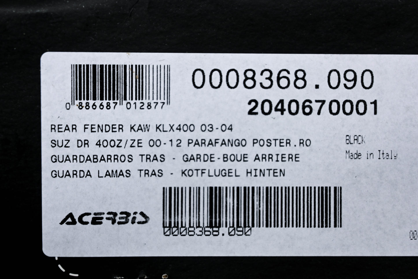 Acerbis 0008368.090, 2040670001 Black Rear Fender NOS