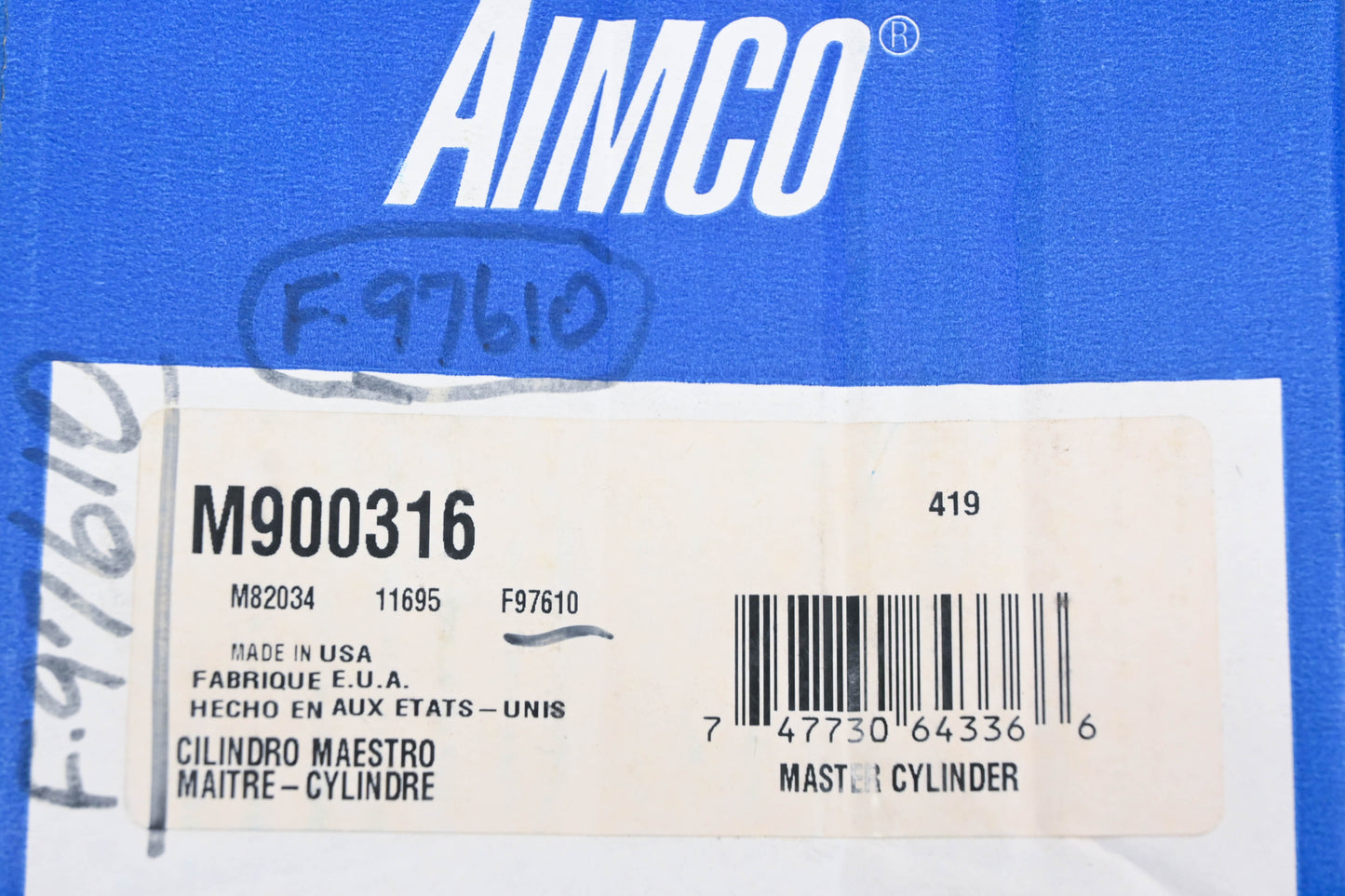 Aimco M900316, 11695, F97610 Master Brake Cylinder NOS