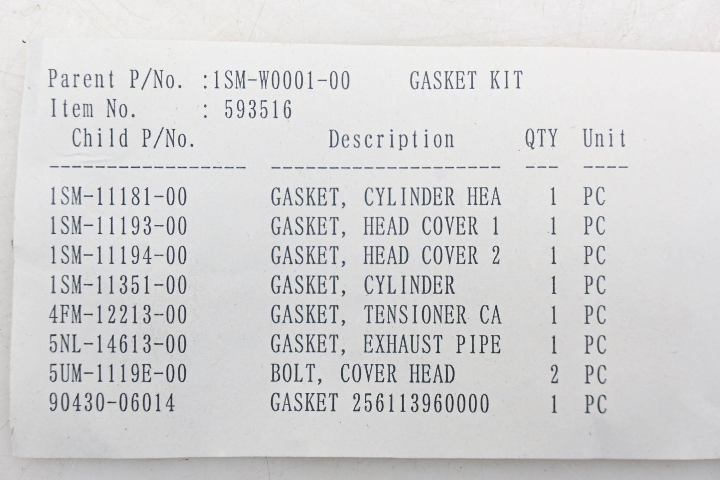 New OEM Yamaha 1SM-W0001-00-00 Top End Gasket Kit NOS