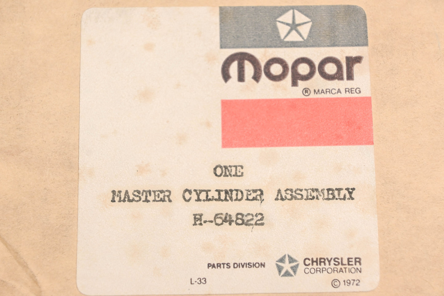 Mopar H64822, H-64822 Brake Master Cylinder NOS