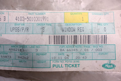 Mack 4103-5010301991, 5010301991 Renault Lefthand Window Lift Regulator NOS