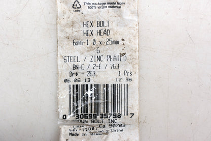 Crown Bolt 763 Steel 6mm1.0x25mm Zinc Plated Hex Bolts Qty 2 NOS