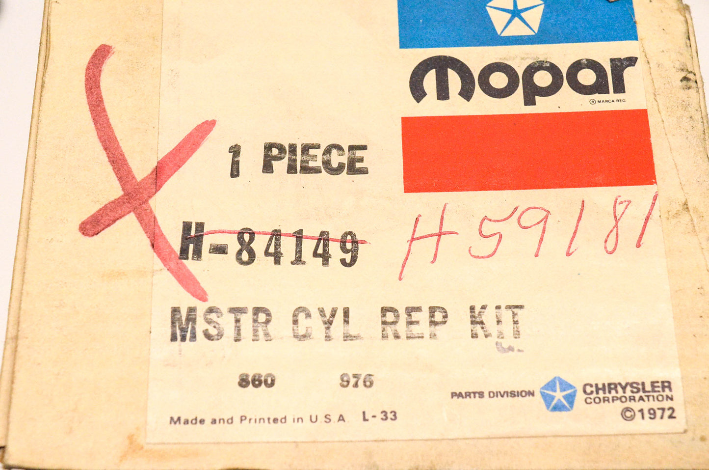 Mopar H-84149, H-59181 Master Cylinder Repair Kit NOS