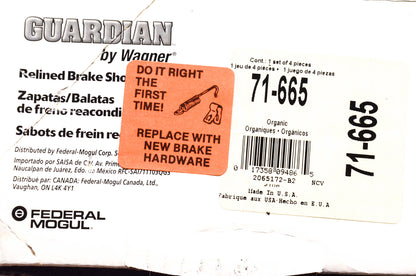 Wagner 71-665 Guardian Relined Brake Shoe Kit NOS