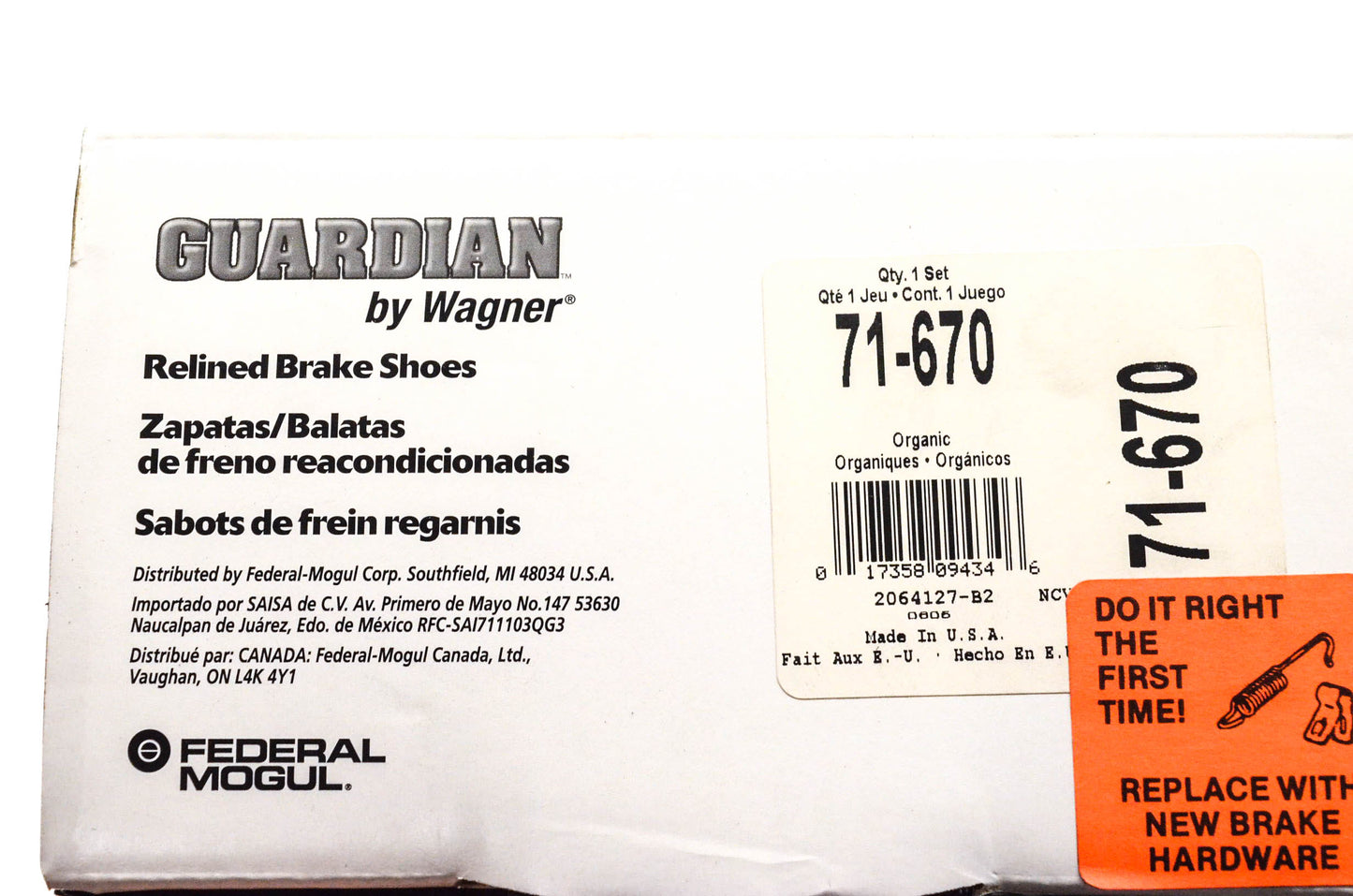 Wagner 71-670 Guardian Relined Brake Shoe Kit NOS