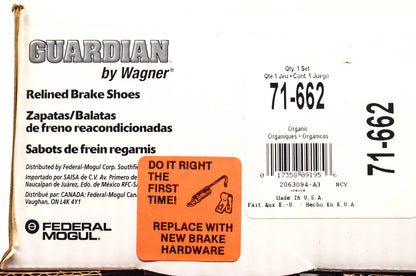 Wagner 71-662 Guardian Relined Brake Shoe Kit NOS