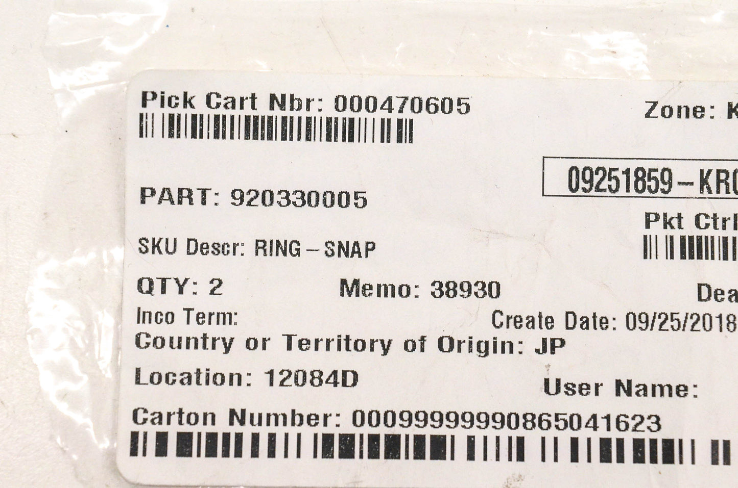 New OEM Kawasaki 920330005, 09251859-KR01031C Snap Ring NOS