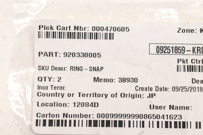 New OEM Kawasaki 920330005, 09251859-KR01031C Snap Ring NOS