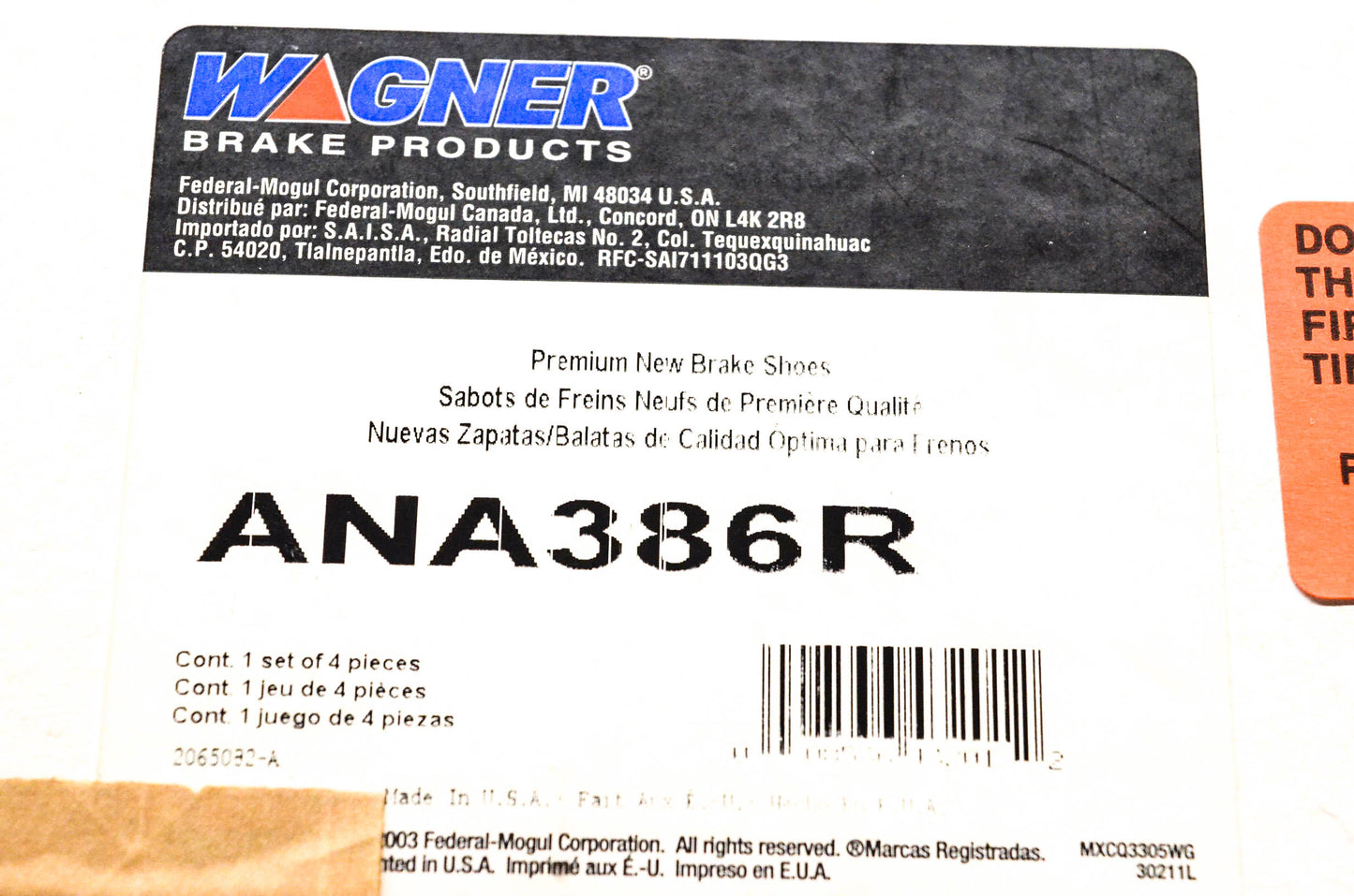 Wagner ANA386R Brake Shoe Kit NOS