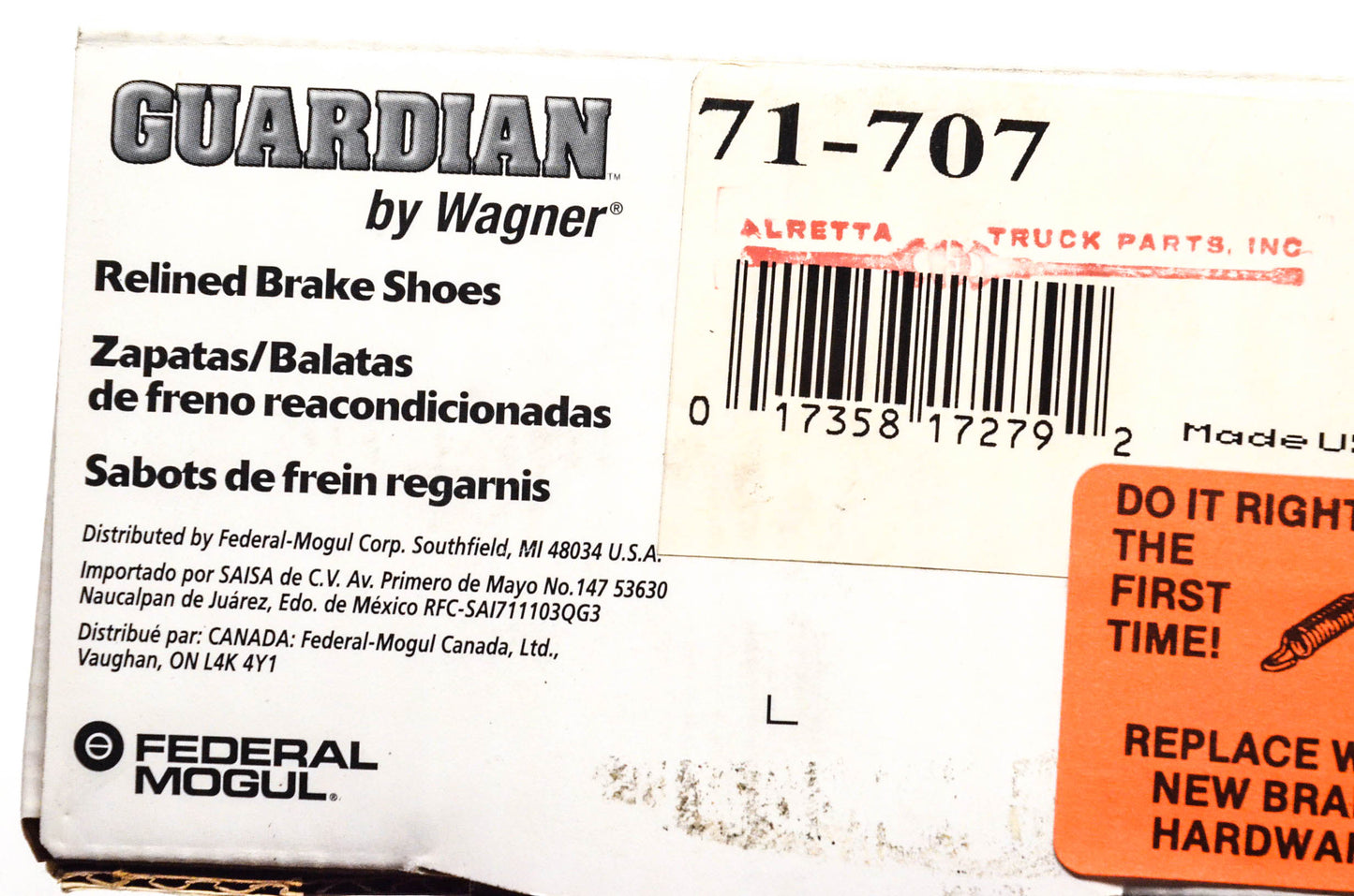 Wagner 71-707 Guardian Relined Brake Shoe Kit NOS