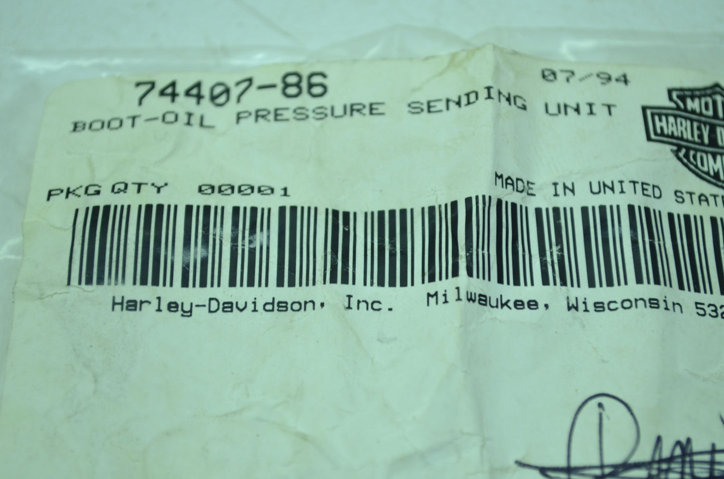 OEM Harley-Davidson 74407-86 Oil Pressure Sending Unit Boot NOS