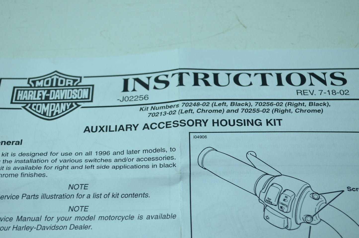 NEW OEM Harley Davidson Auxiliary Accessory Switch Housing 70255-02 NOS