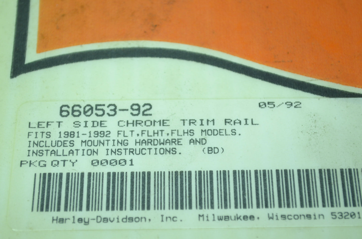 OEM Harley-Davidson 66053-92 Left Side Chrome Trim Rail NOS