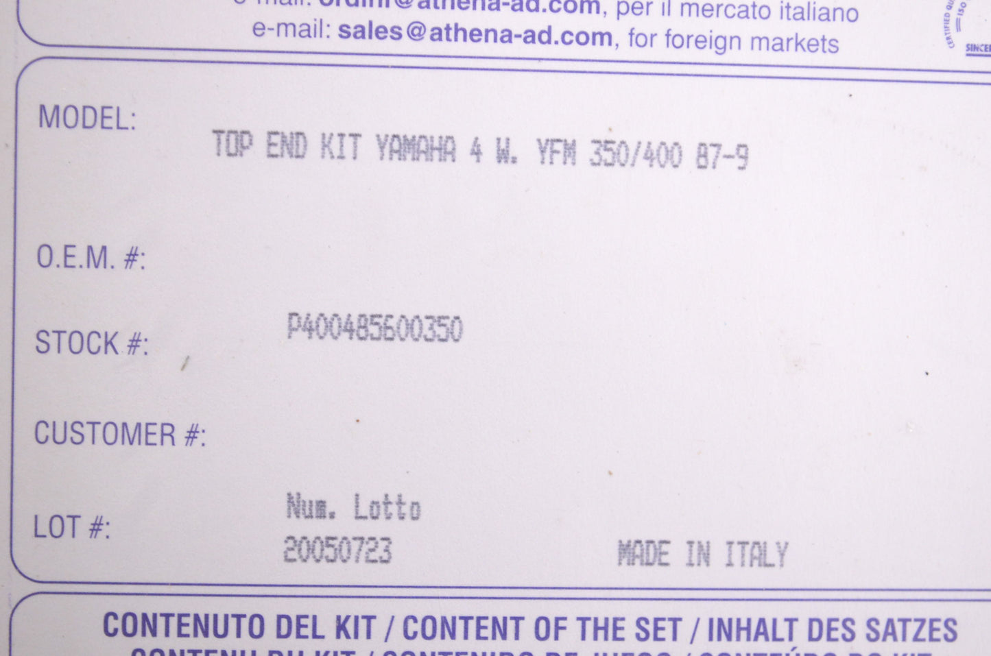 Athena P400485600350 Top End Kit NOS