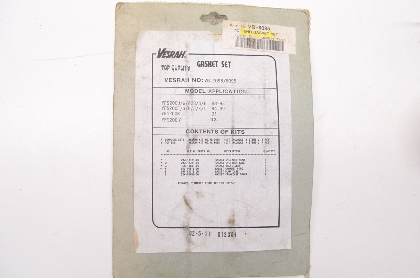 Vesrah VG-6095, VG-2095 Top End Gasket Set NOS