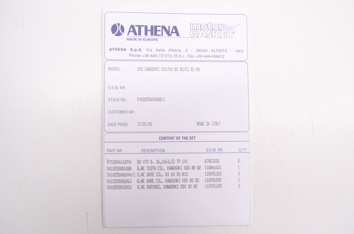 Athena 400250600088, 670E3036 Top End Gasket Kit NOS