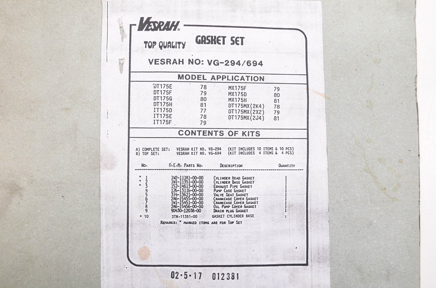 Vesrah VG-294 Gasket Set NOS