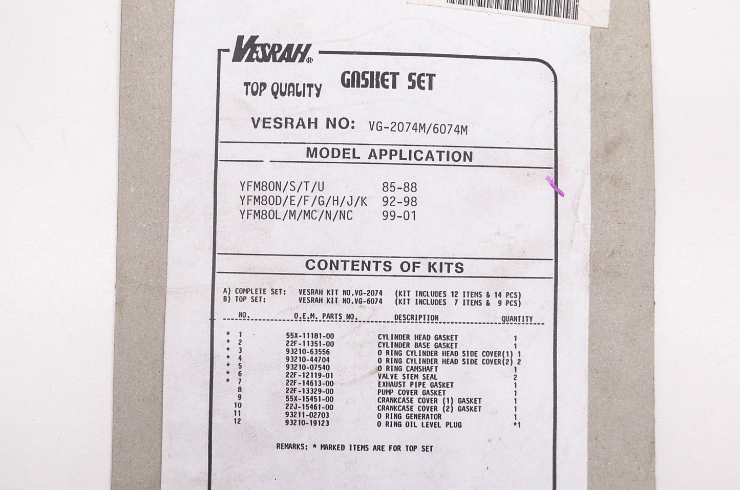 Vesrah VG-6074-M Top End Gasket Set NOS