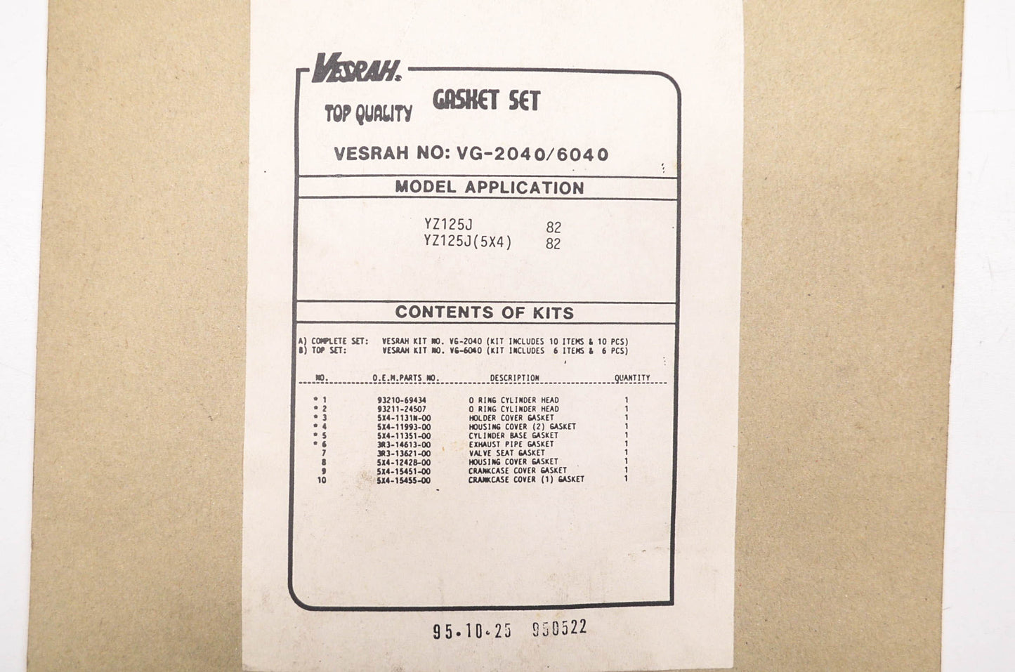 Vesrah VG-2040, VG-6040 Gasket Set NOS
