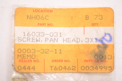 New OEM Kawasaki 16033-031 Screw Panhead 3x14 NOS