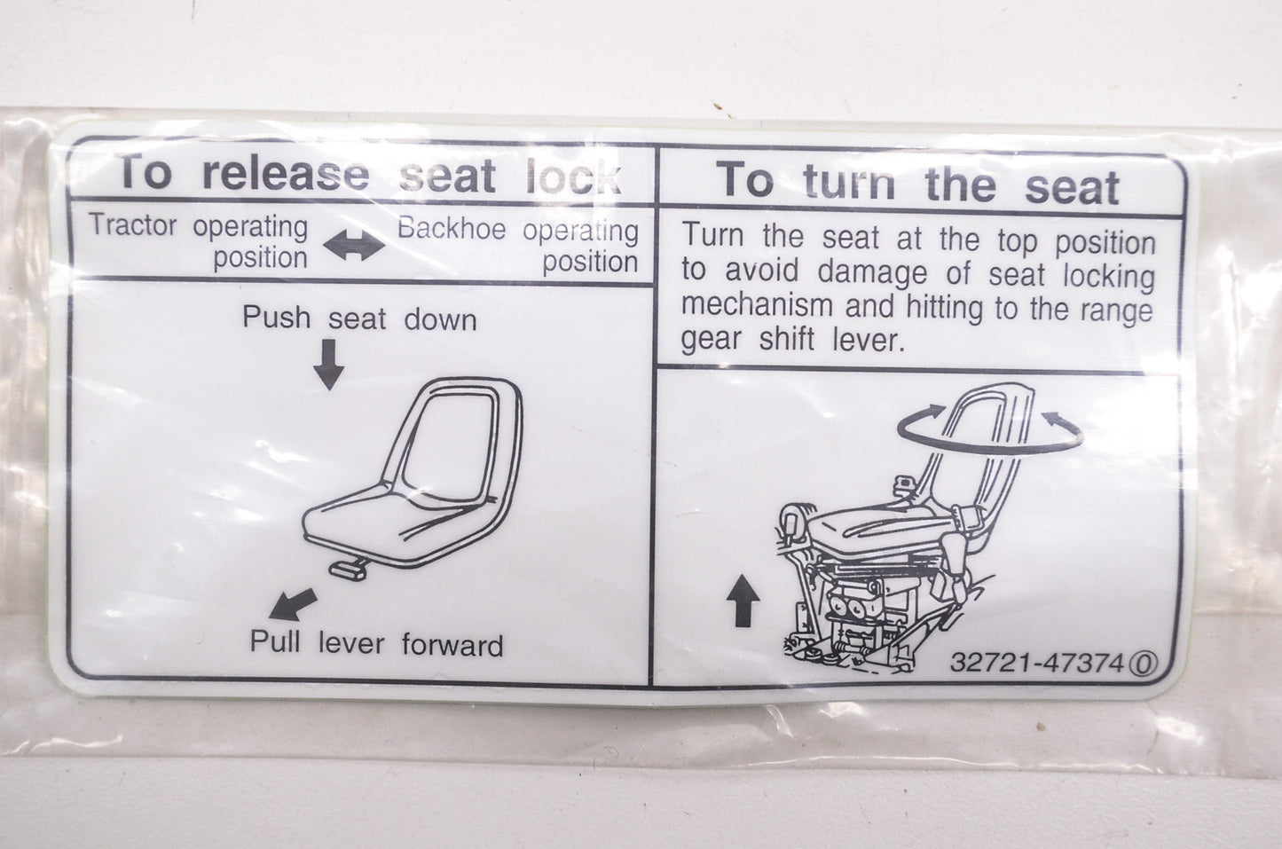 Kubota 32721-47373, 32721-47374 Seat Change Label NOS