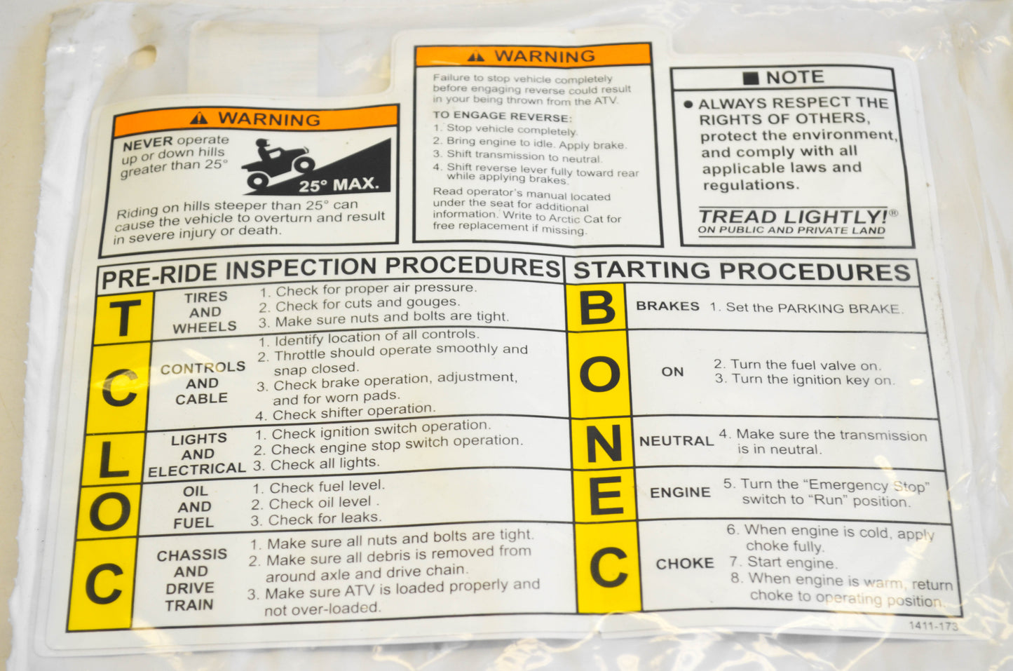 New OEM Arctic Cat 1411-173 Pre Ride Warning Decal NOS
