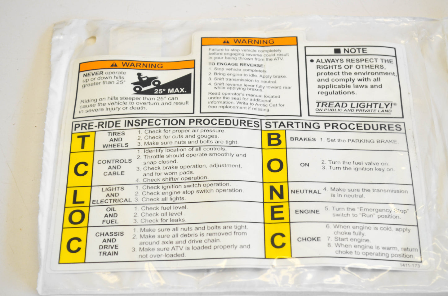 New OEM Arctic Cat 1411-173 Pre Ride Warning Decal NOS