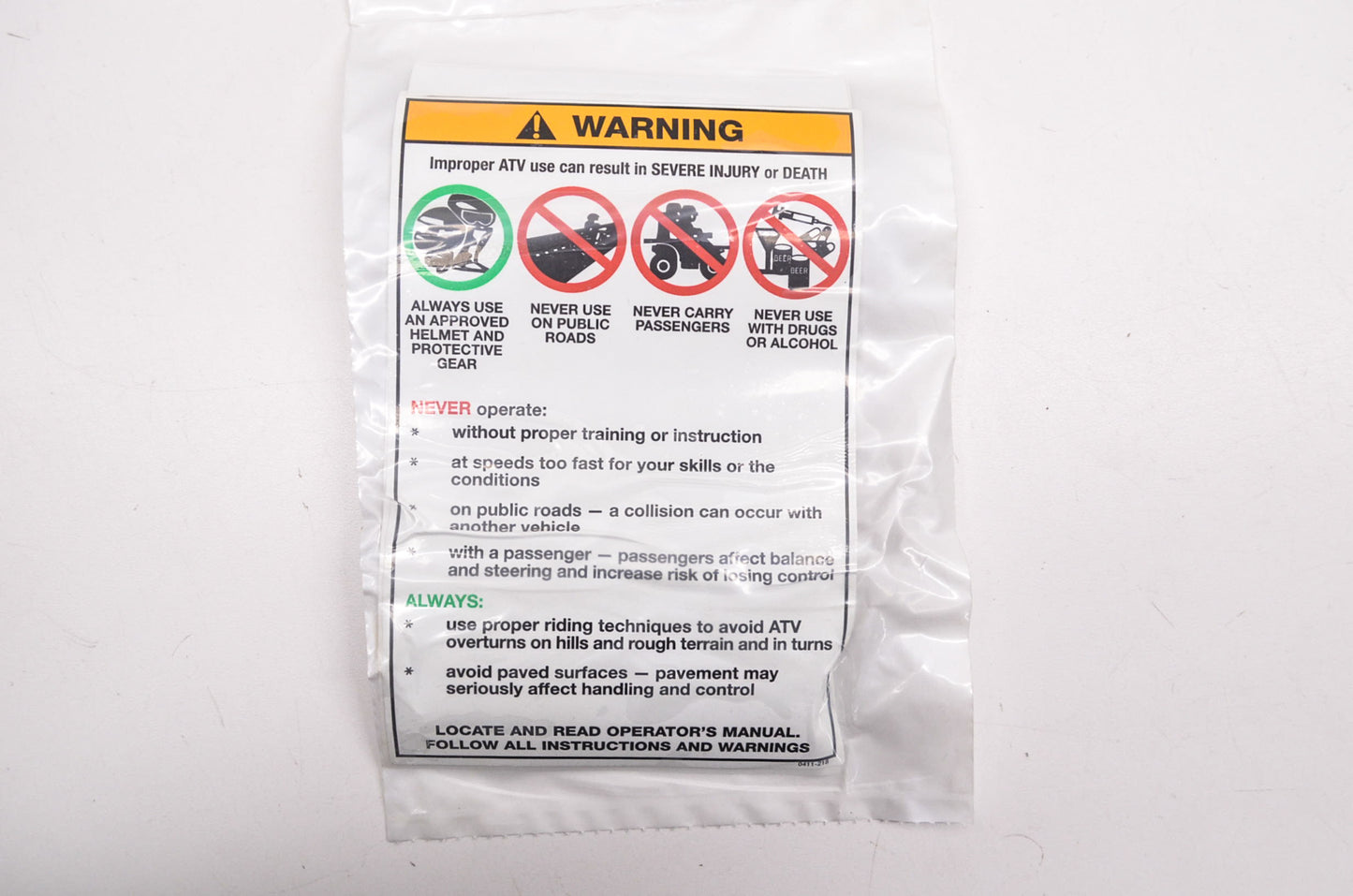 OEM Arctic Cat 0411-218 Warning General Decal NOS