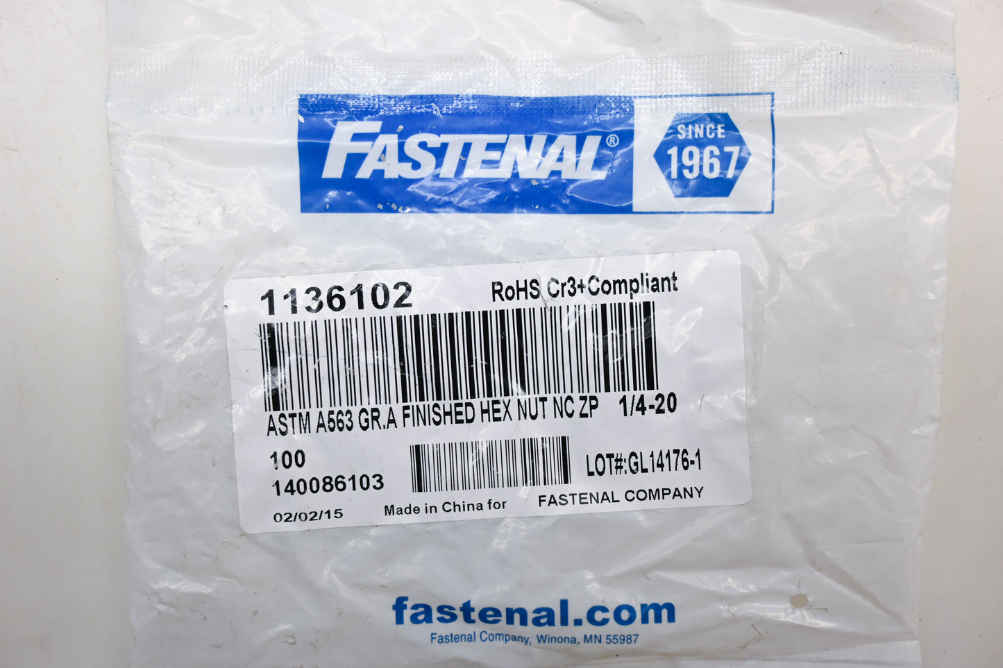 Fastenal 1136102 1/4"-20 Zinc Plated Nuts Qty 100 NOS