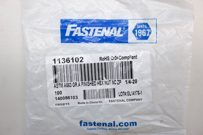 Fastenal 1136102 1/4"-20 Zinc Plated Nuts Qty 100 NOS