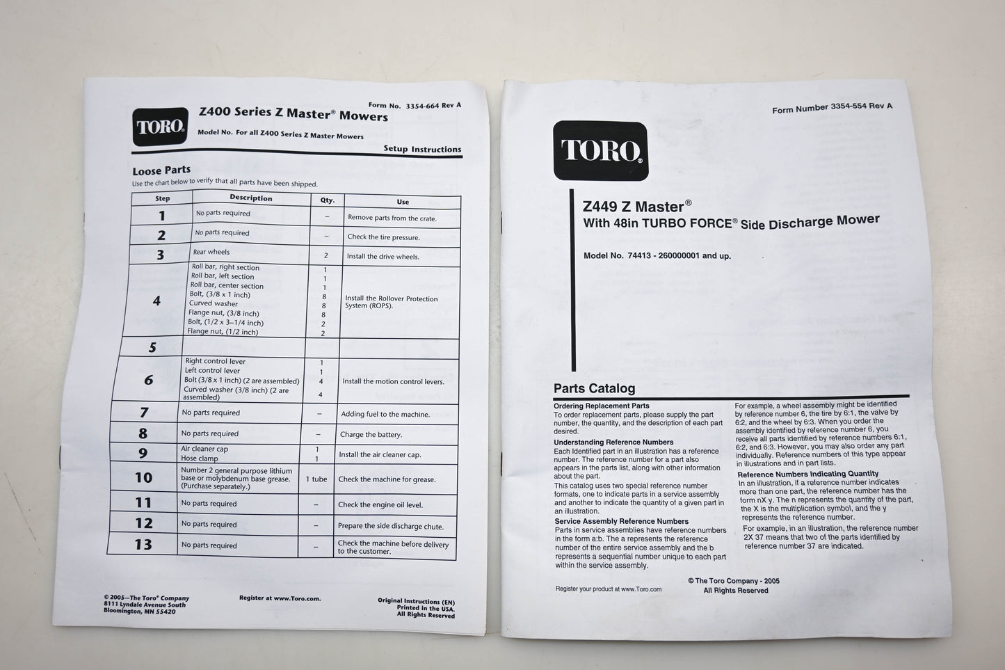 Toro 3354-554, 3354-664, 3355-333 Z449 Z Master Parts Catalog Kit NOS
