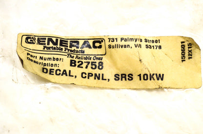 Craftsman B2758 Decal Overhead Valve Engine 10KW 19 HP Decal NOS