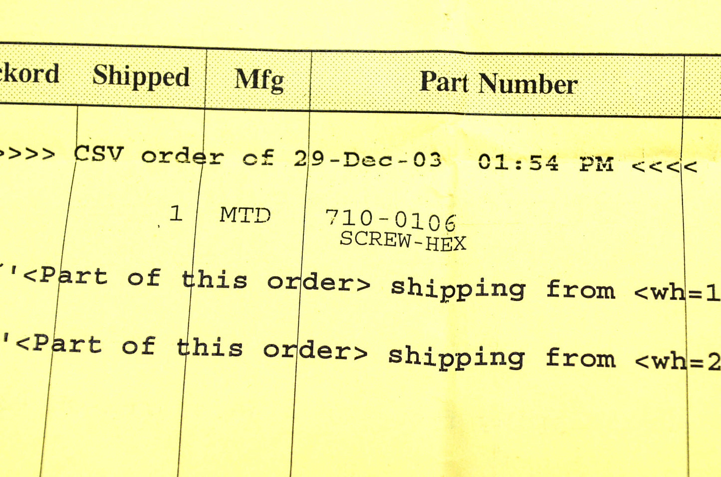 MTD 710-0106 Hex Screw NOS