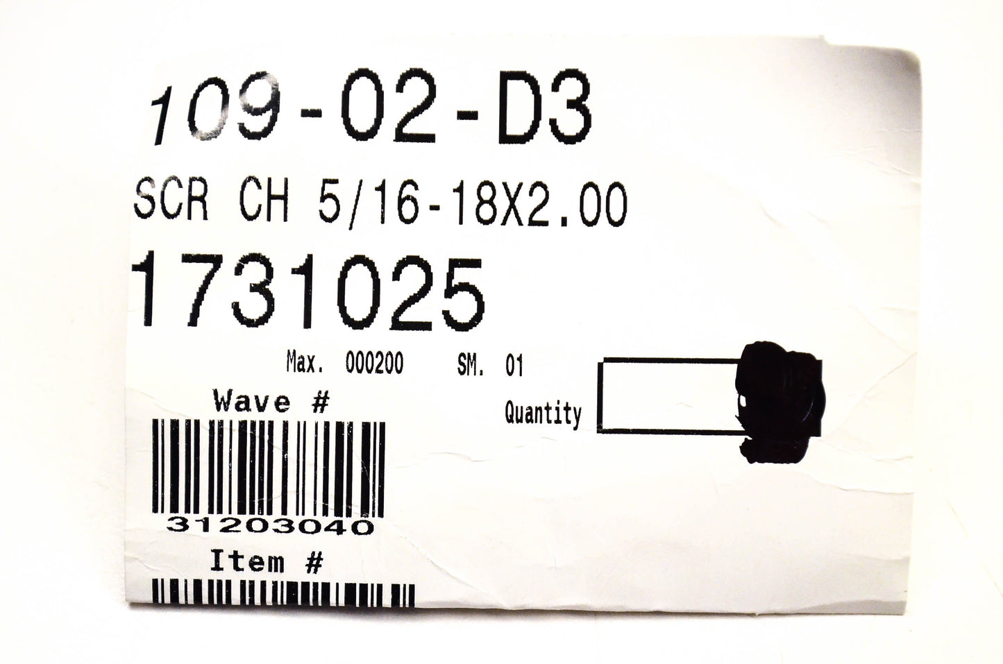 MTD 1731025 Curved Head Screw .312-18x2.0 NOS