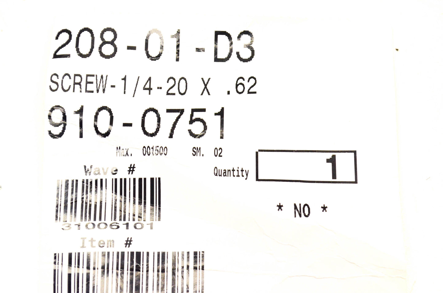 MTD 910-0751 Screw 1/4-20 x .62 NOS