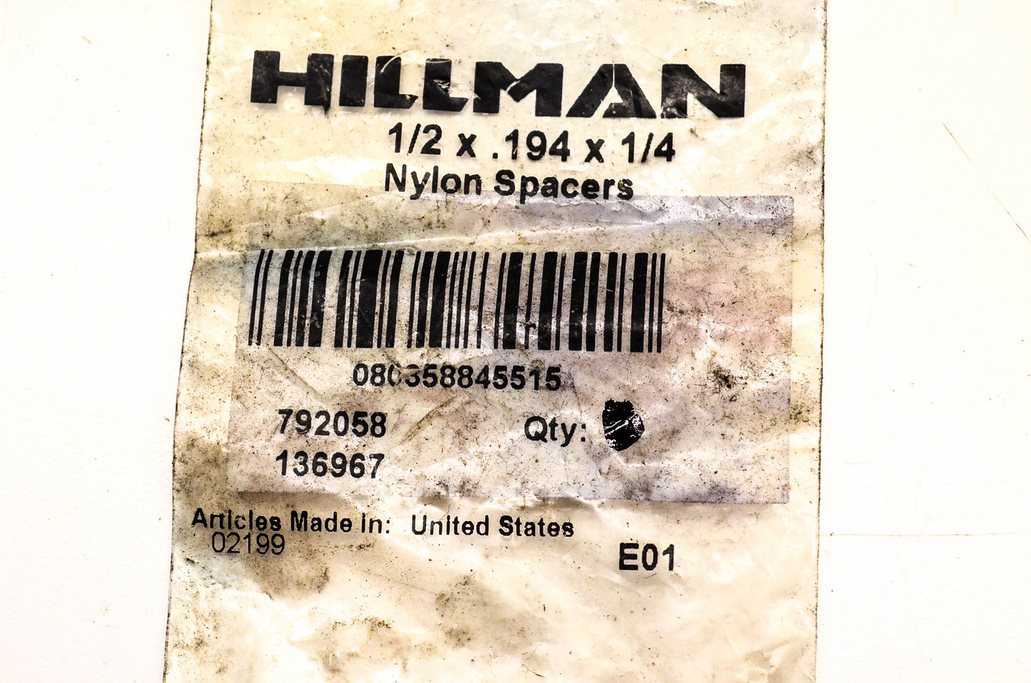 Hillman 792058, 136967 Nylon Spacer 1/2 x .194 x 1/4 NOS