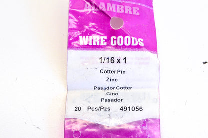 Alambre Wire Goods 491056 Zinc Cotter Pin 1/16 x 1 Qty 20 NOS