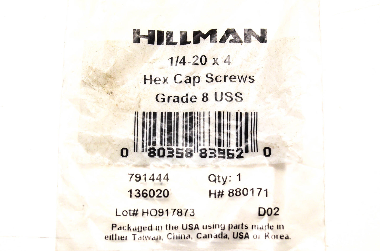 Hillman 791444, 136020, 880171 Hex Cap Screw 1/4-20 x 4 NOS