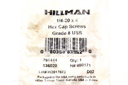 Hillman 791444, 136020, 880171 Hex Cap Screw 1/4-20 x 4 NOS
