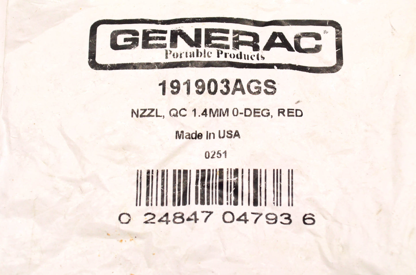 Generac 191903AGS Quick Connect Nozzle Red NOS
