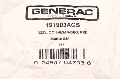 Generac 191903AGS Quick Connect Nozzle Red NOS