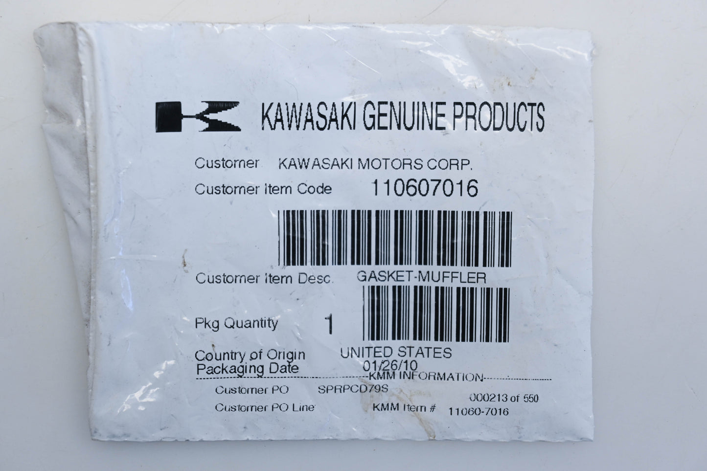 New OEM Kawasaki 110607016 Muffler Gasket NOS