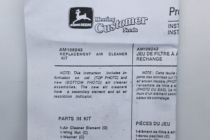 New OEM John Deere AM108243 Air Cleaner Replacement Kit NOS