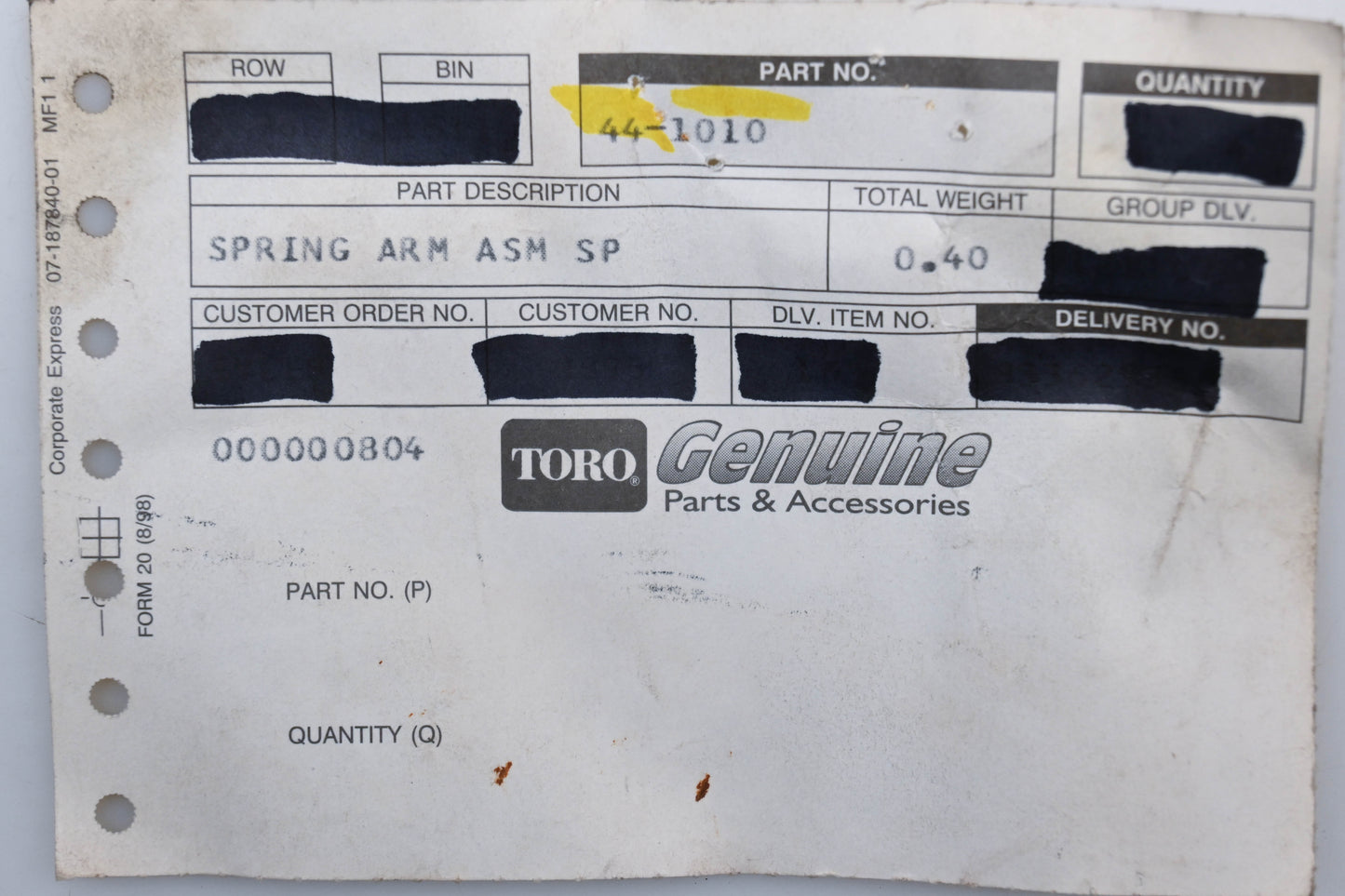 Toro 44-1010 Spring Arm Assembly NOS