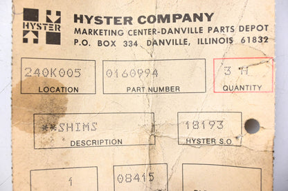 Hyster 0160994 Shims 3"Lx1"Hx1/16"W Qty 3 NOS