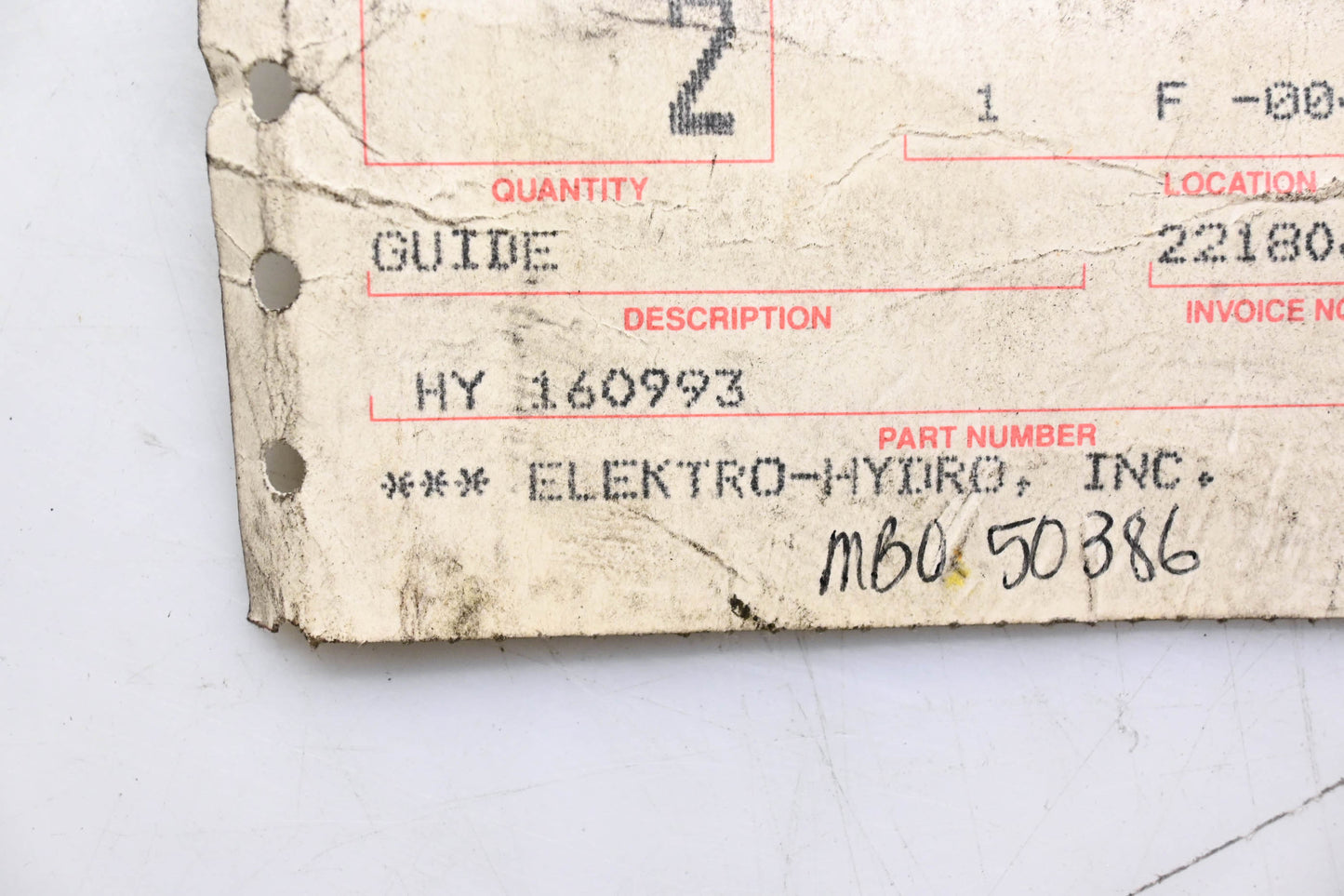Elektro-Hydro HY 160993, E-3377 Guide 3"Lx1"Wx1-9/16"H NOS
