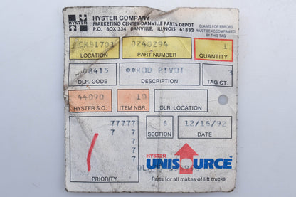 Hyster 0240294, 240294 Pivot Rod NOS