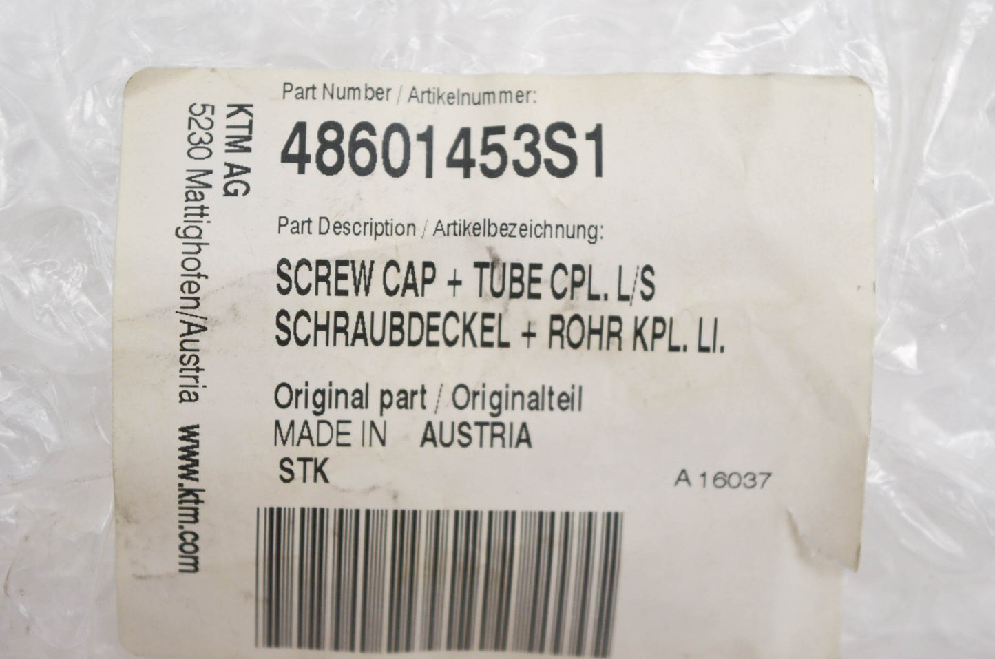 New OEM KTM 48601453S1 Screw Cap + Tube NOS